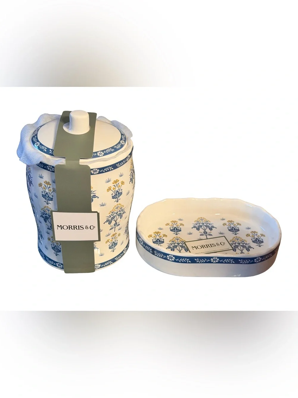 Morris & Co NWT Daisy  Blue, Yellow Floral Ceramic Lidded Jar and Soap Dish Set